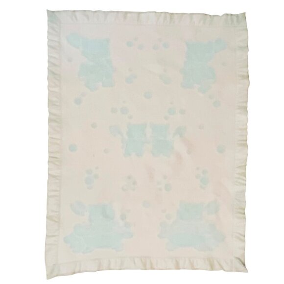 Vintage Baby Blanket With Satin Trim Kittens Bathing Design 34x44 Blue White - Picture 2 of 9